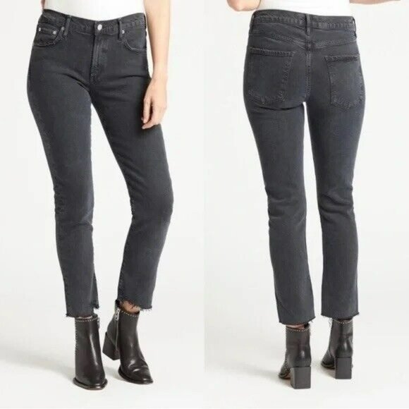 NEW AGOLDE Jeans Toni Mid Rise Straight Leg Raw Hem in Black Feral Wash Size 32 - Picture 12 of 12